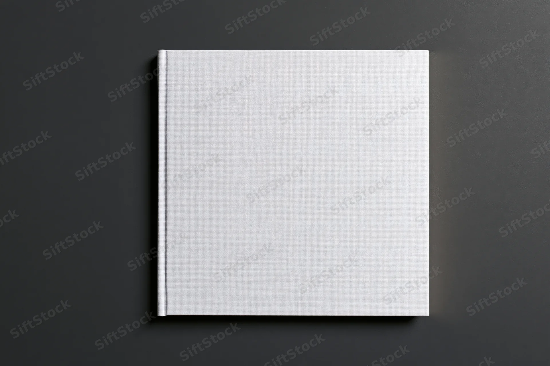 Blank white hardcover book lying flat centered on dark surface