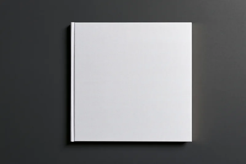 Blank white hardcover book lying flat centered on dark surface