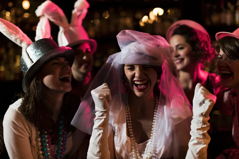 Bride in white veil and gloves laughing with friends at a bachelorette party in a bar