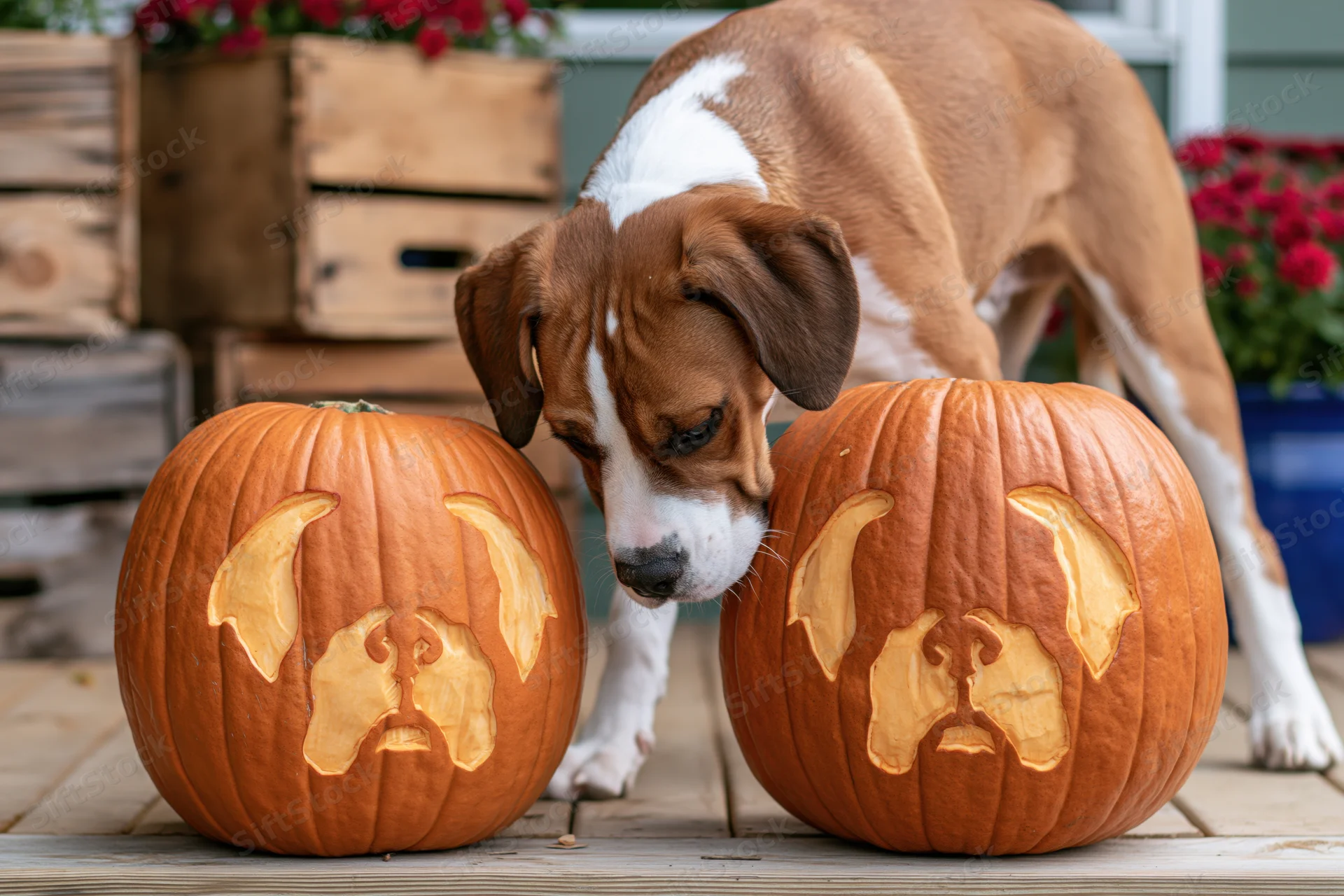 Brown and white puppy sniffing two carved pumpkins on a wooden porch with red flowers in the background
