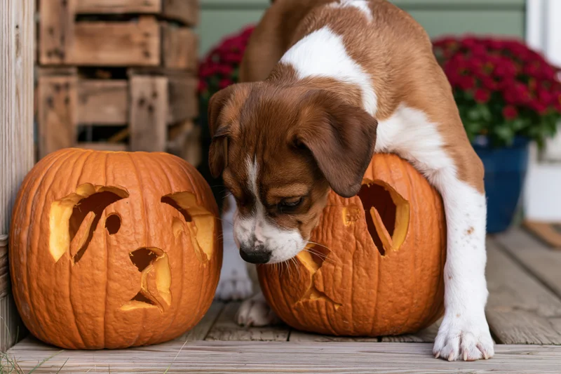 Brown and white puppy leaning over two carved pumpkins on a wooden porch with red flowers in pots