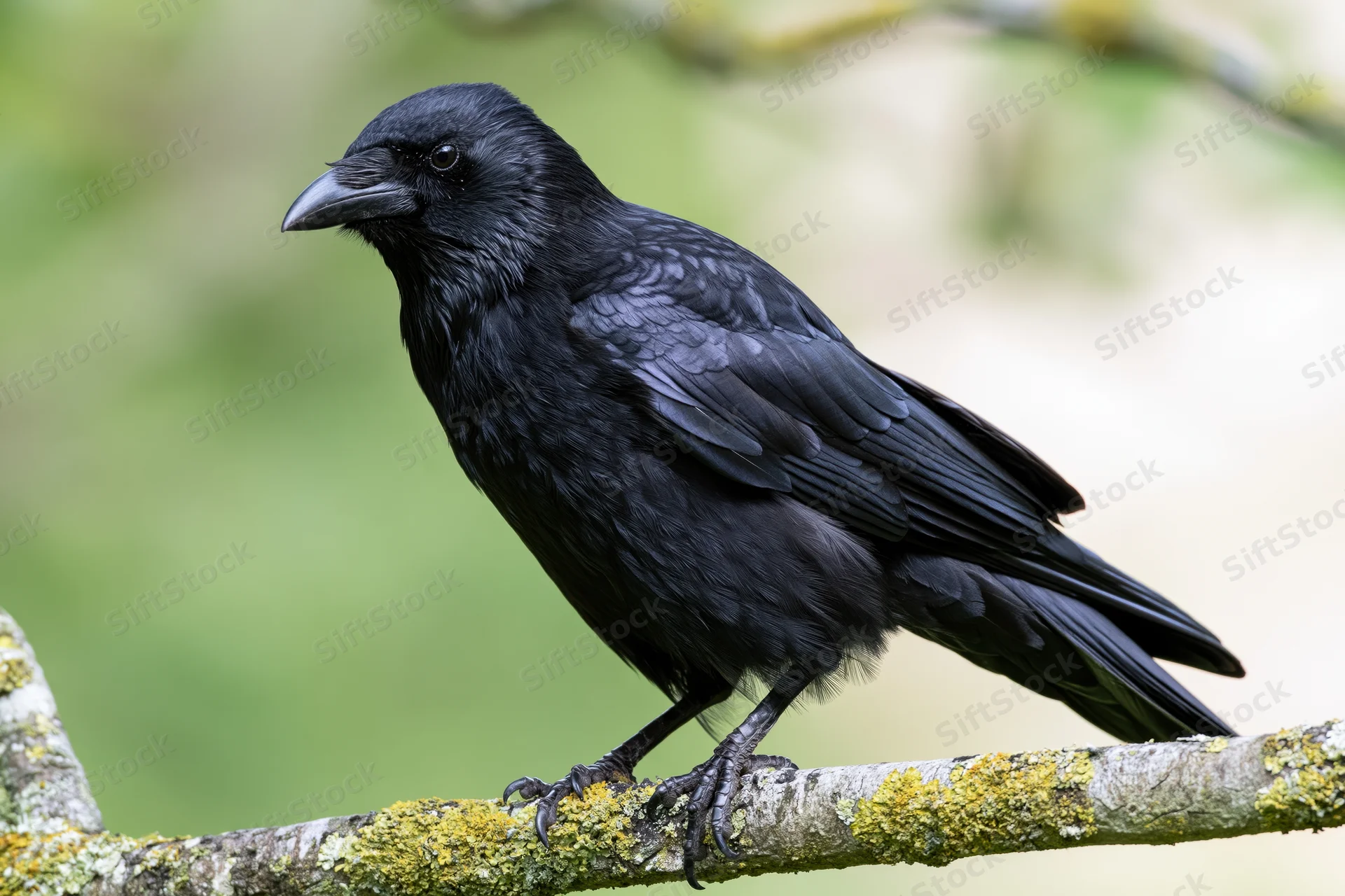 Crow perched on lichen-covered branch in forest setting