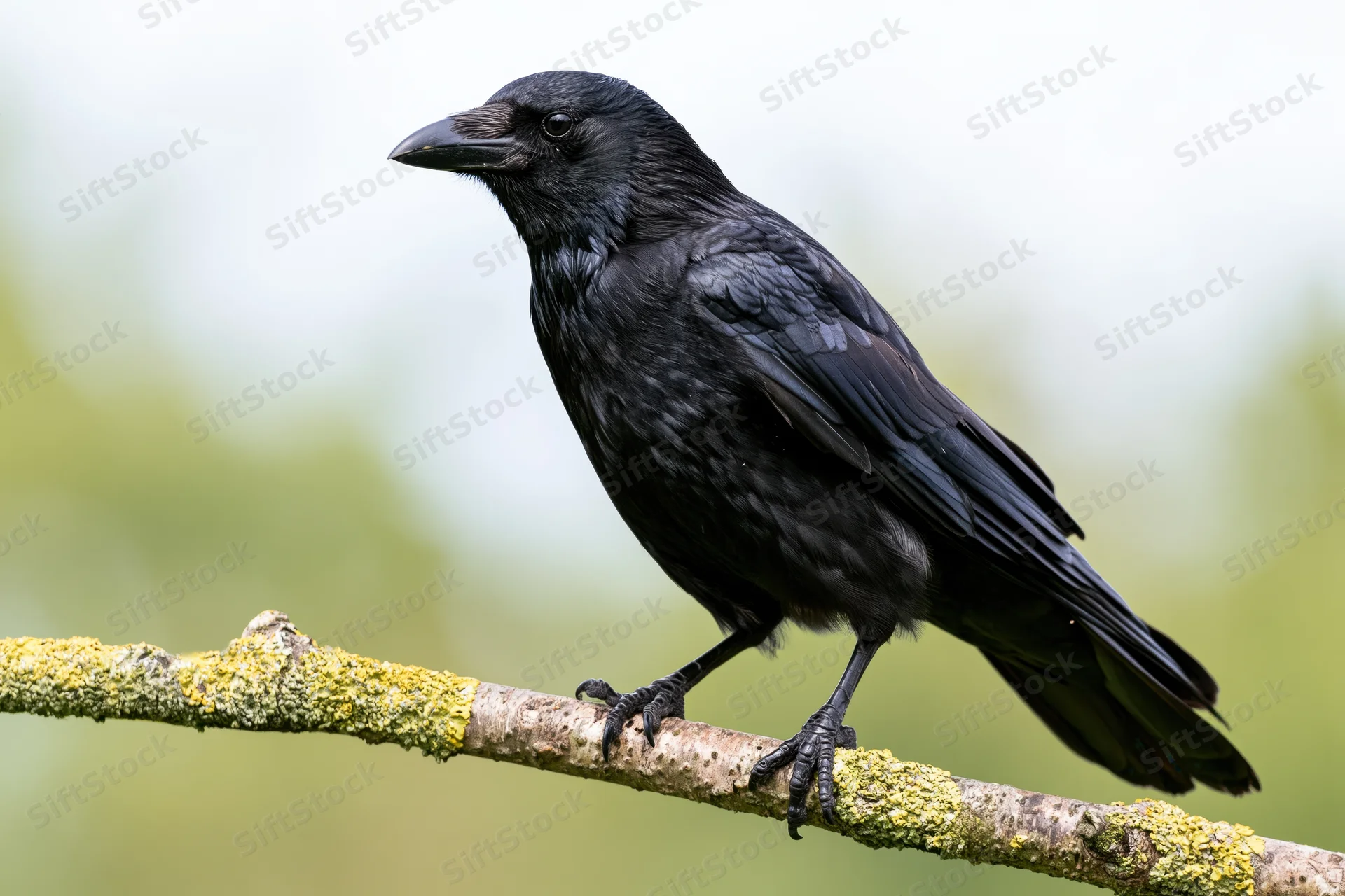 Carrion crow perched upright on a lichen-covered branch in a natural woodland setting