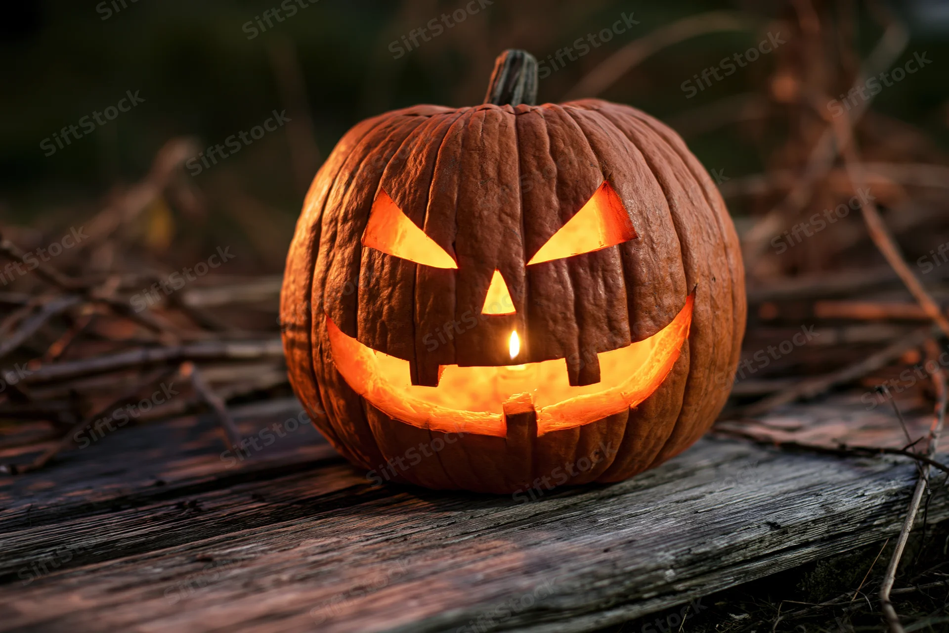 Carved pumpkin glowing with candlelight on wooden surface at night