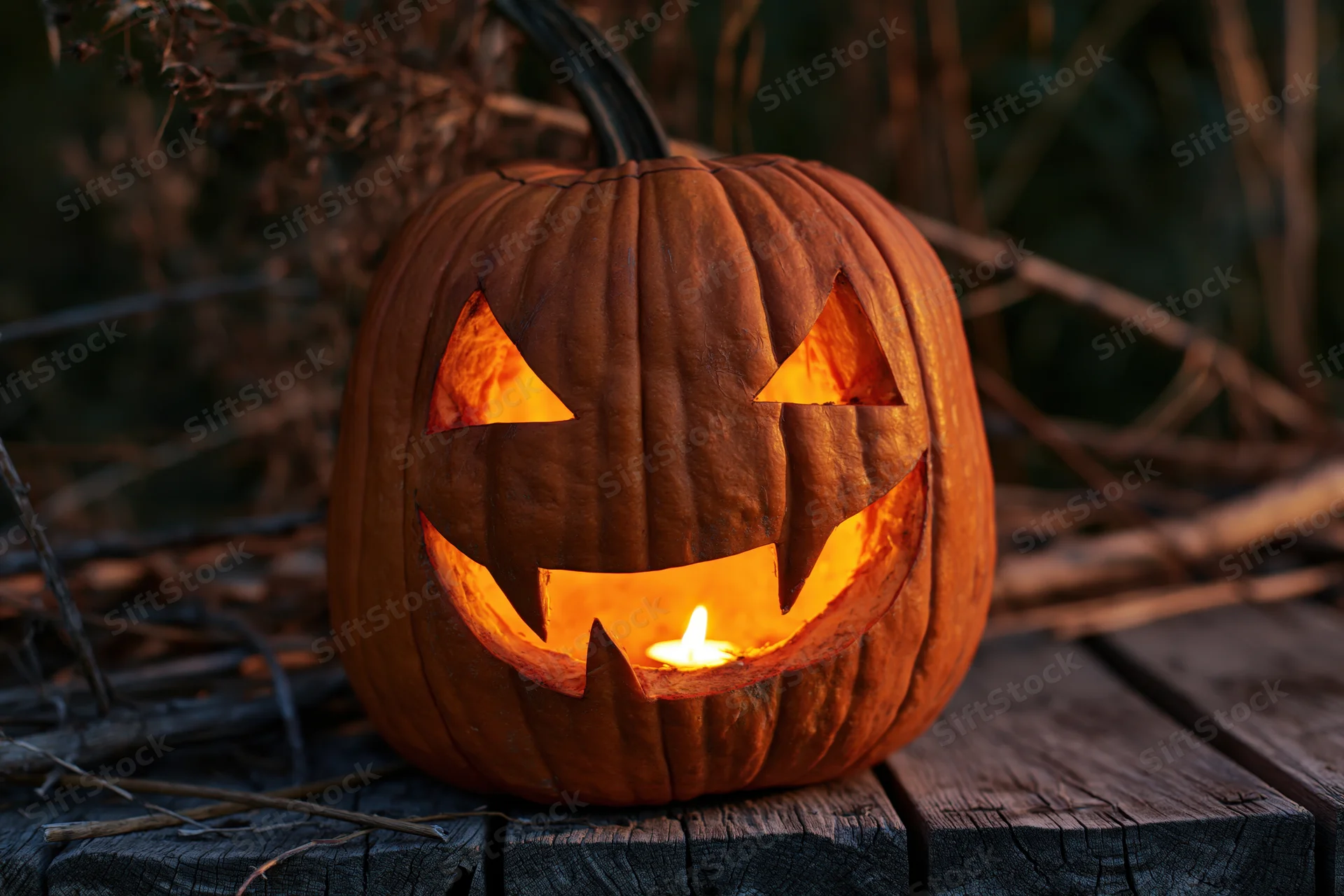 Carved pumpkin with glowing candle inside sitting on wooden table outdoors at night