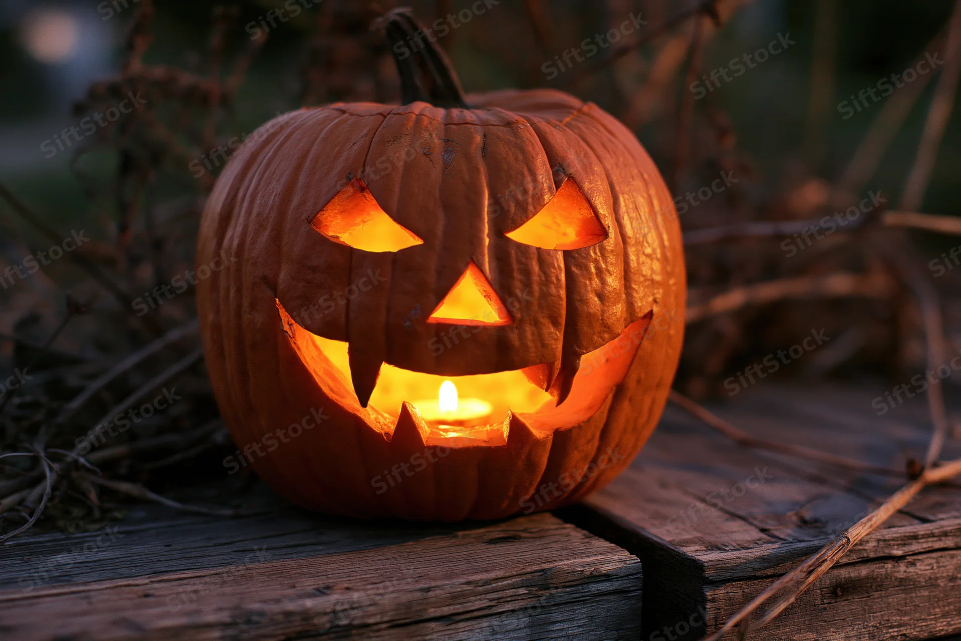 Carved pumpkin glowing with candlelight on wooden surface at night