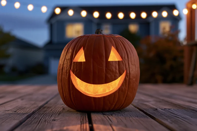 Carved pumpkin glowing with warm amber light on wooden deck at twilight in front of house with string lights