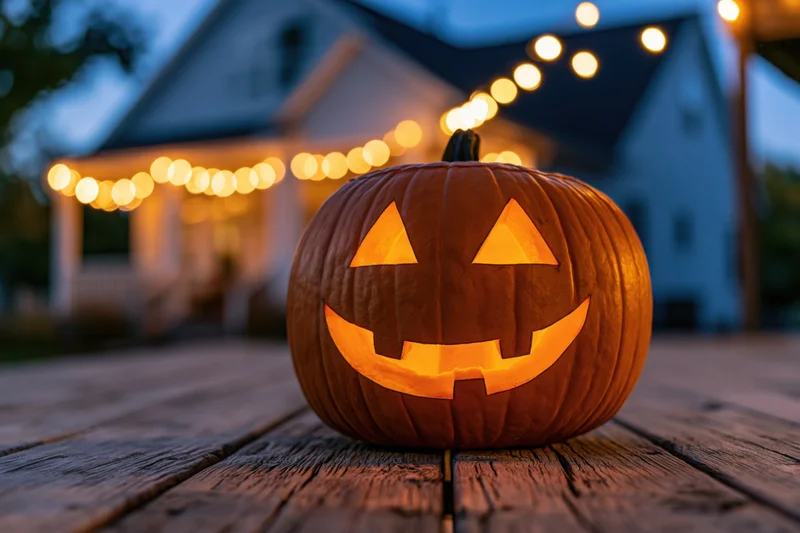 Carved pumpkin glowing with warm light on wooden deck in front of house with string lights at twilight