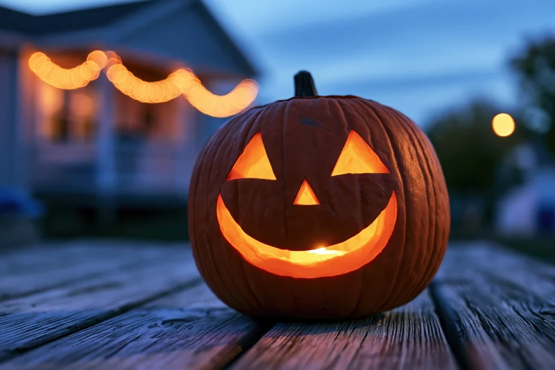 Carved pumpkin glowing with warm light on wooden deck at twilight near house