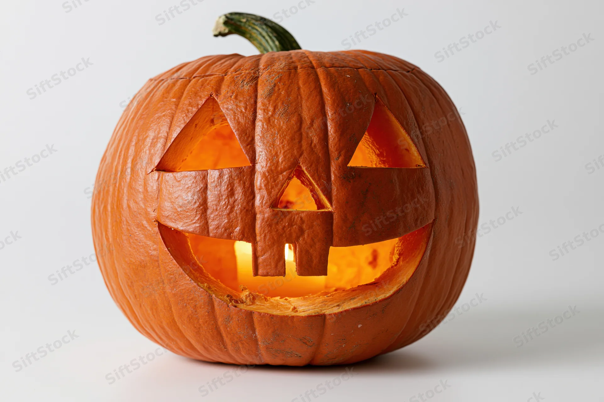 Carved pumpkin with triangular eyes and wide grin lit from within on white background