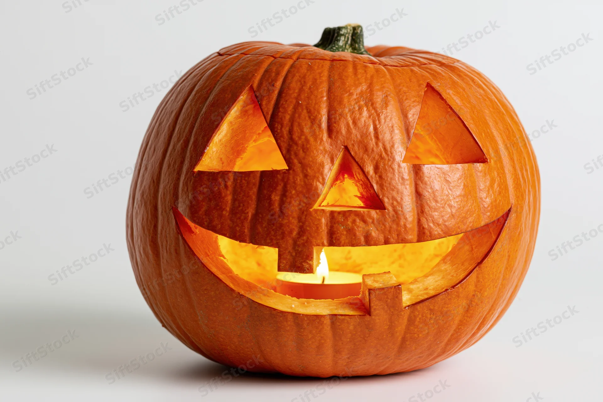 Carved pumpkin with triangular eyes and wide grin lit by candle on white background