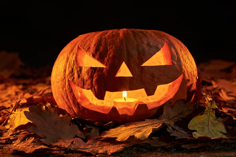 Carved pumpkin with glowing candle face resting among dry autumn leaves at night