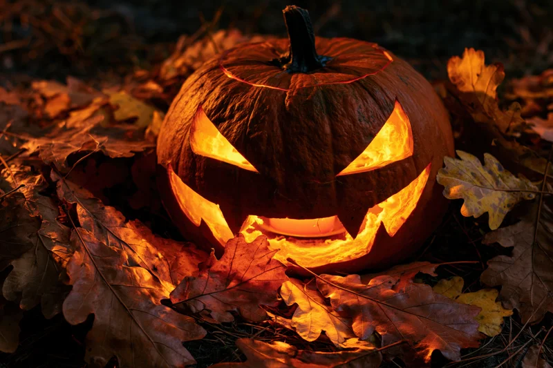 Carved pumpkin with glowing eyes and grin resting among dry autumn leaves at night