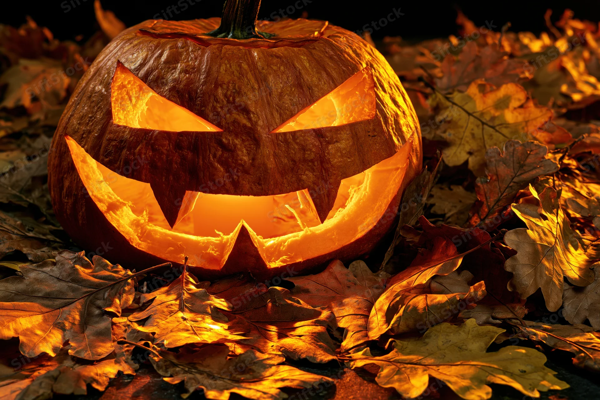 Carved pumpkin glowing with jagged eyes and grin among scattered dry autumn leaves