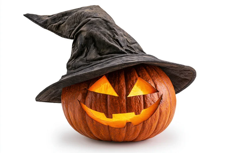 Carved pumpkin with glowing eyes and wide grin wearing a tilted witch hat on white background