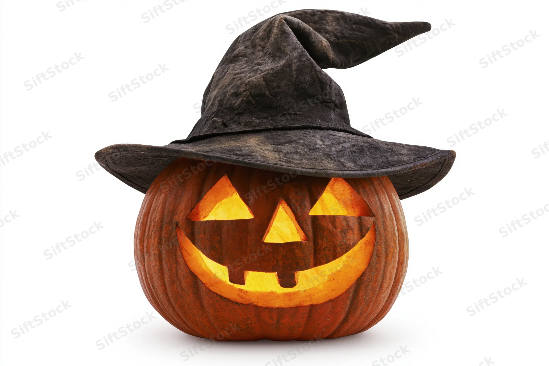 Carved jack-o-lantern with glowing face wearing a dark witch hat on white background