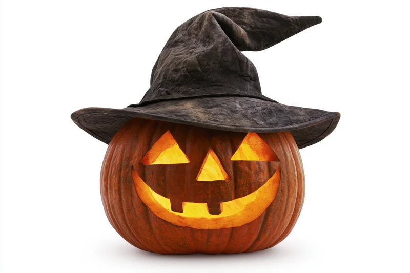 Carved jack-o-lantern with glowing face wearing a dark witch hat on white background