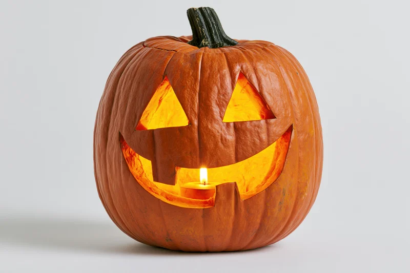 Carved pumpkin with triangular eyes and wide grin lit by candle on white background