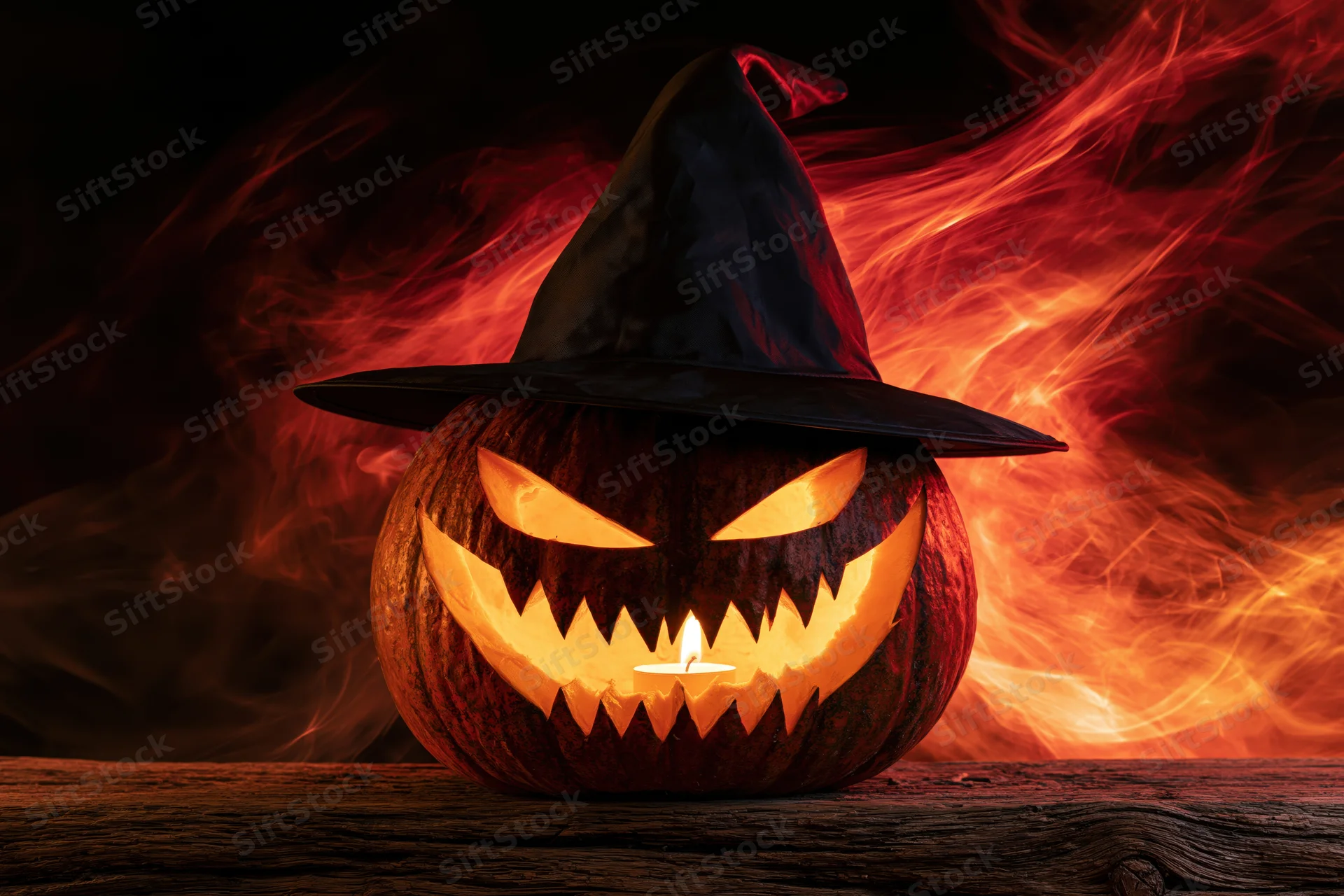 Carved jack-o-lantern with jagged grin and witch hat glowing from candlelight on wooden surface against fiery background
