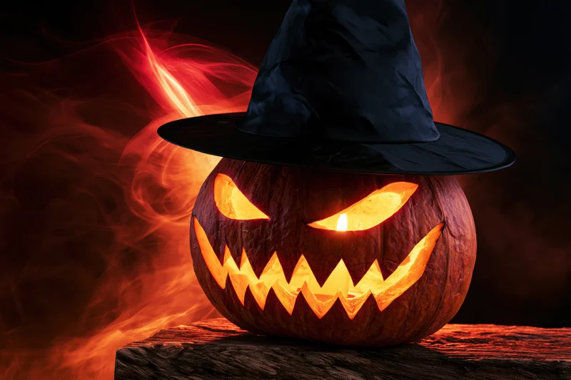 Carved jack-o-lantern with jagged grin and witch hat glowing on wooden surface against fiery smoke background