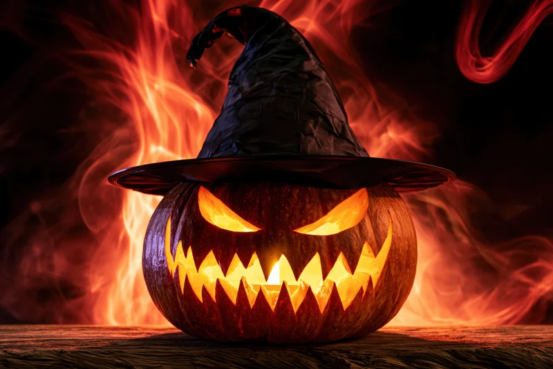 Carved pumpkin with jagged grin and witch hat glowing against fiery background on wooden surface