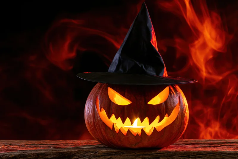 Carved jack-o-lantern with jagged grin and witch hat glowing on wooden table against fiery background