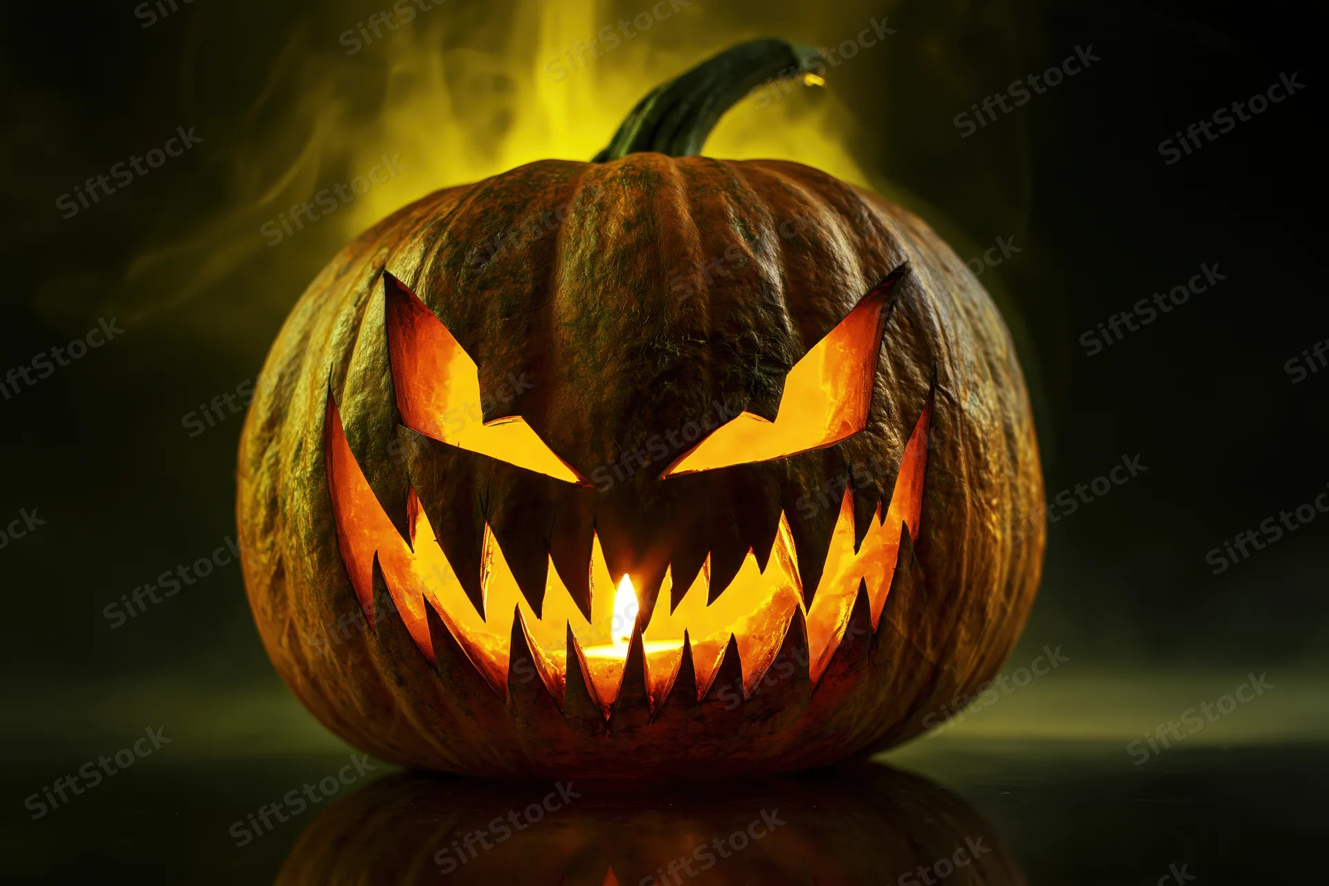 Carved pumpkin with jagged grin illuminated by candlelight on dark reflective surface