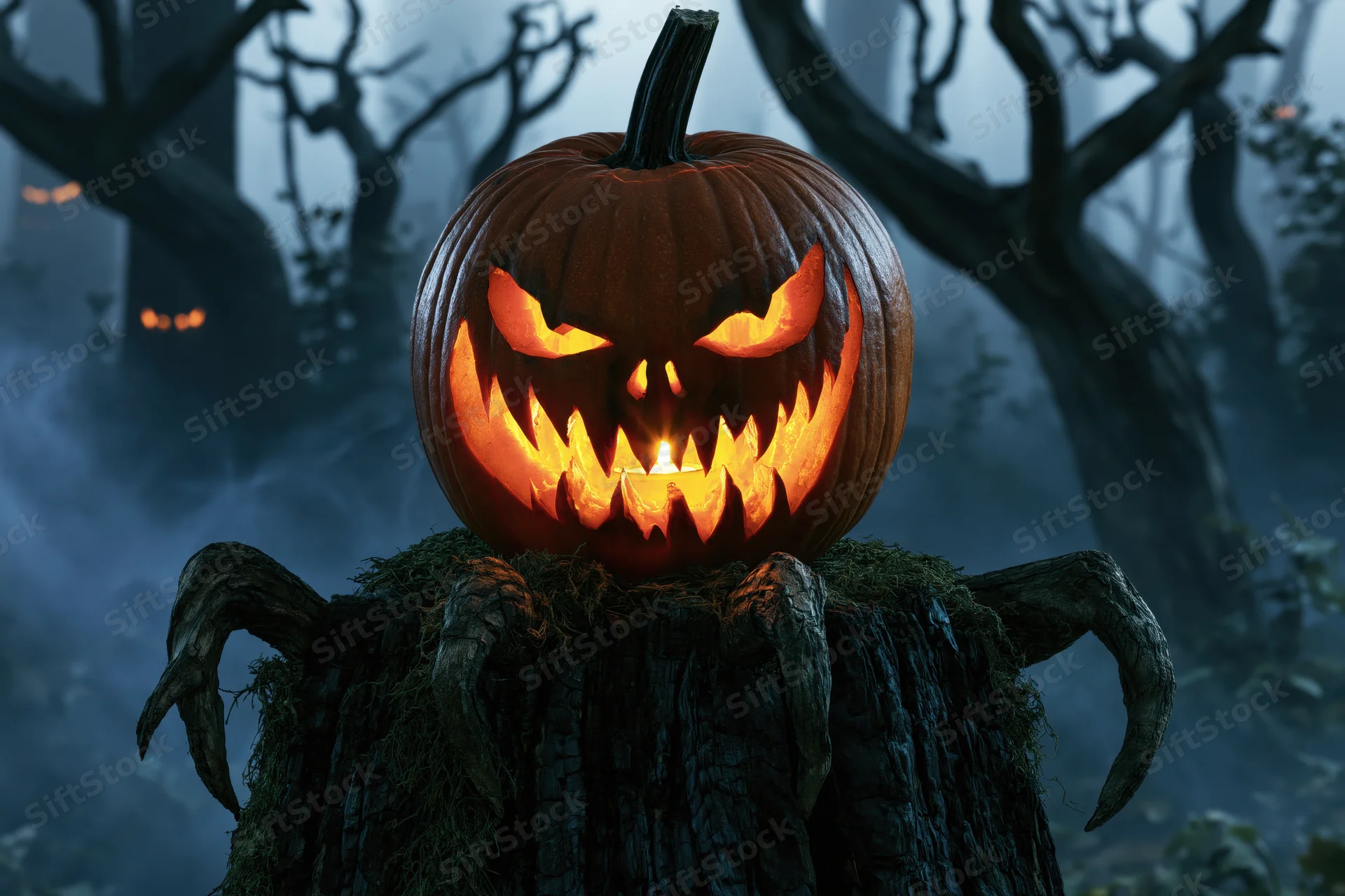 Carved jack-o-lantern with glowing menacing grin perched on mossy tree stump in dark foggy forest