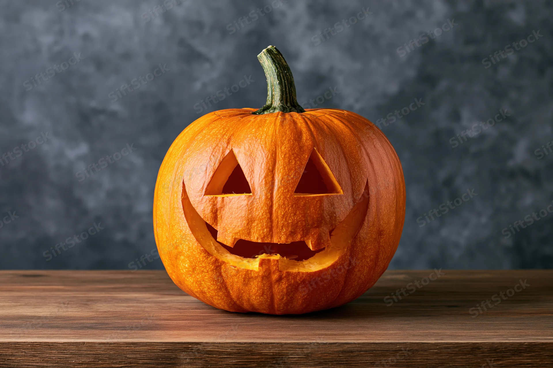 Carved pumpkin with smiling triangular eyes and mouth on wooden table against dark background