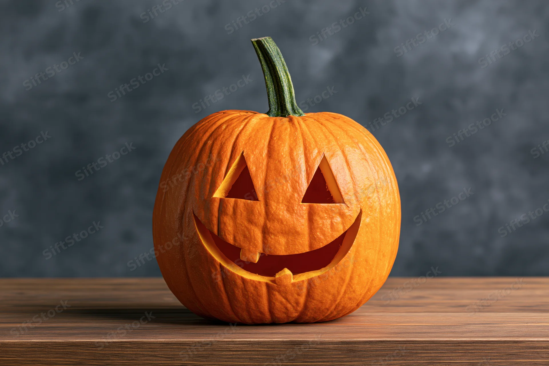 Carved pumpkin with smiling face on wooden table against dark background