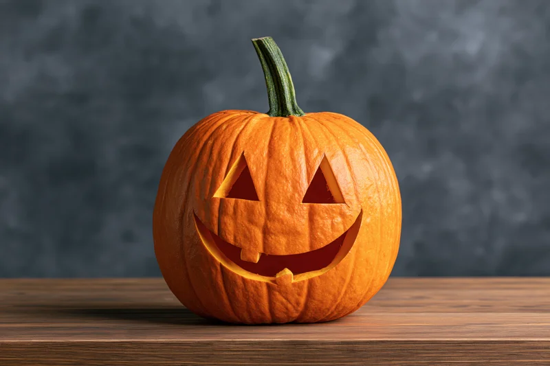Carved pumpkin with smiling face on wooden table against dark background
