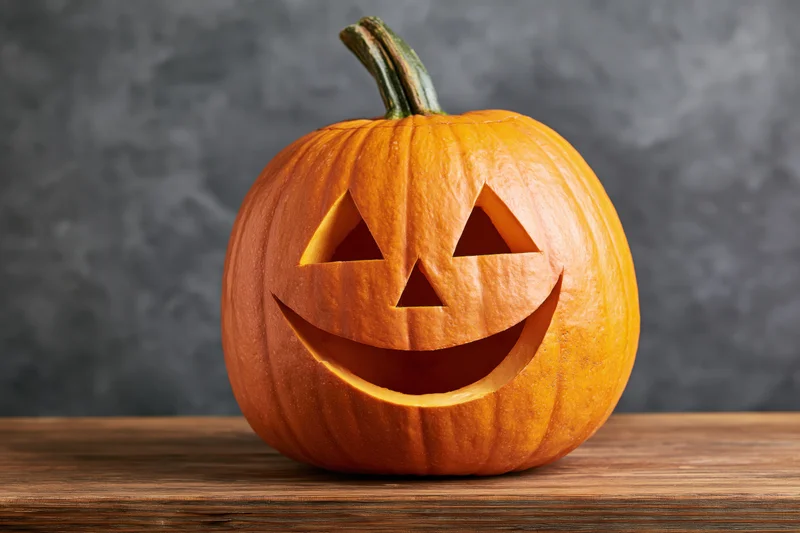 Carved pumpkin with smiling triangular face on wooden table against gray background