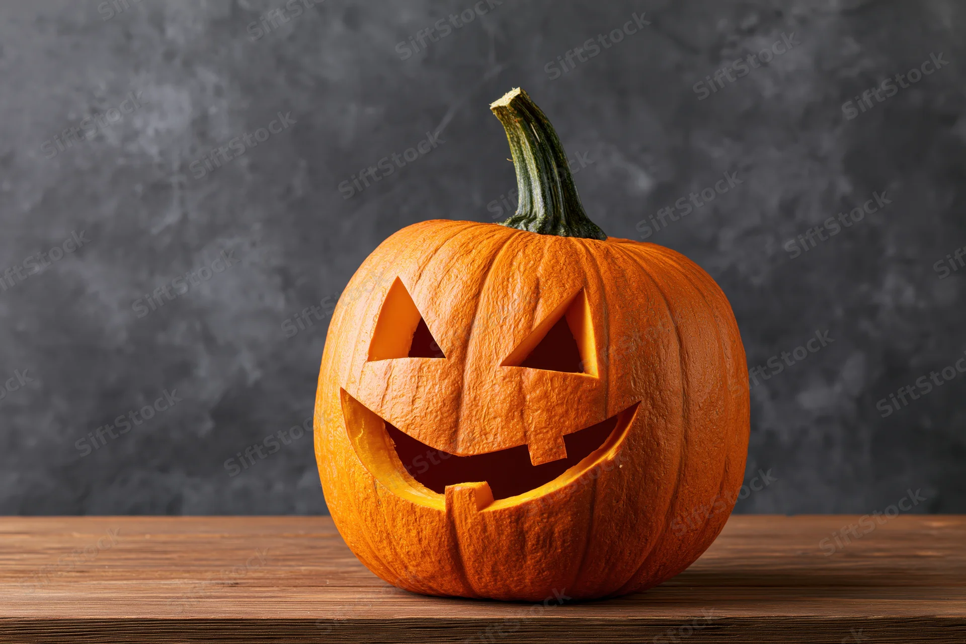 Carved pumpkin with smiling triangular eyes and mouth on wooden table against dark background