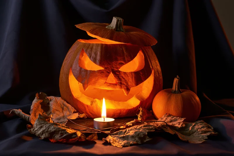 Carved pumpkin with glowing face and candle on dark fabric surrounded by dried leaves
