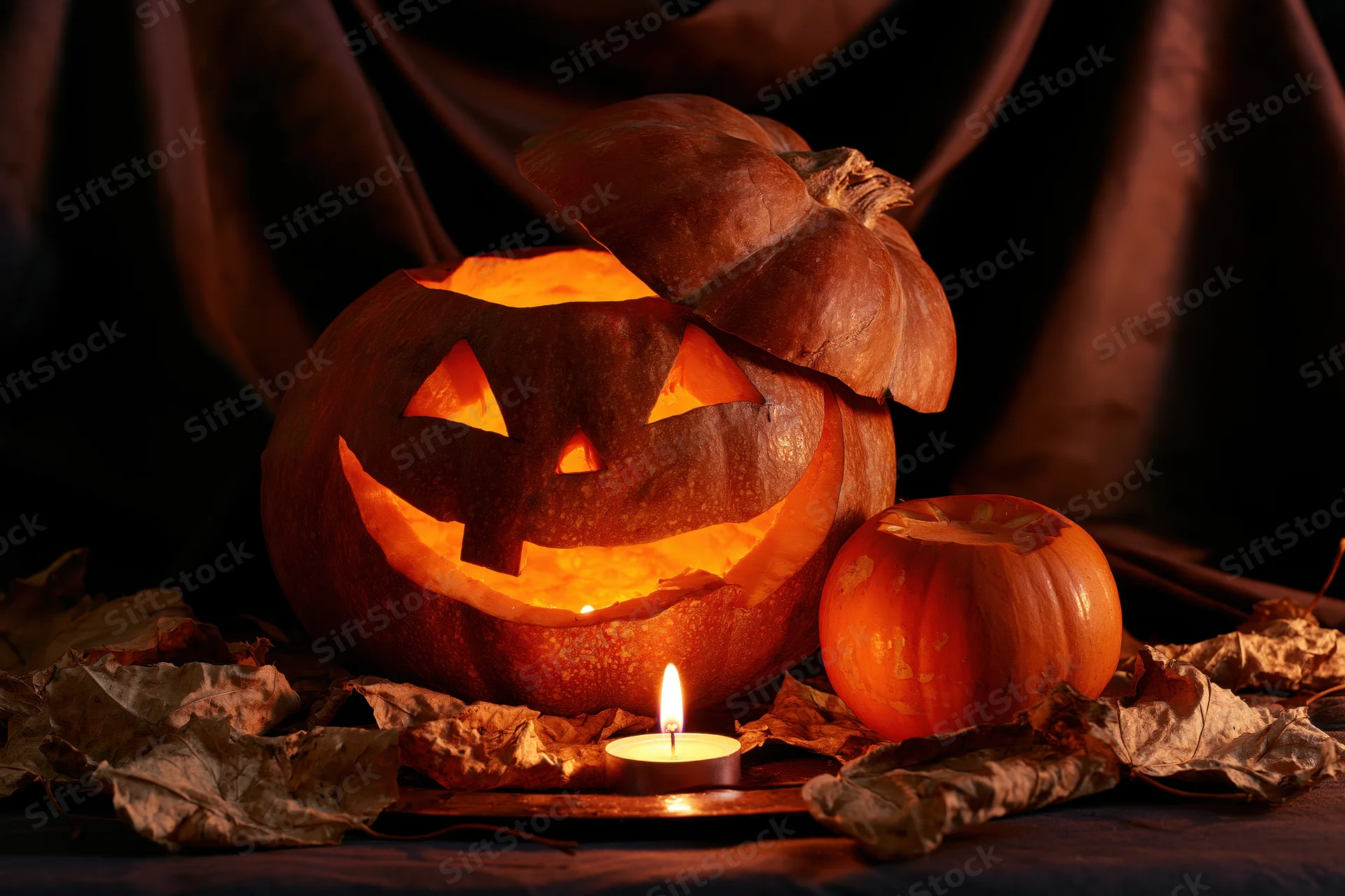 Carved jack-o-lantern glowing with candlelight among dried leaves on a dark table
