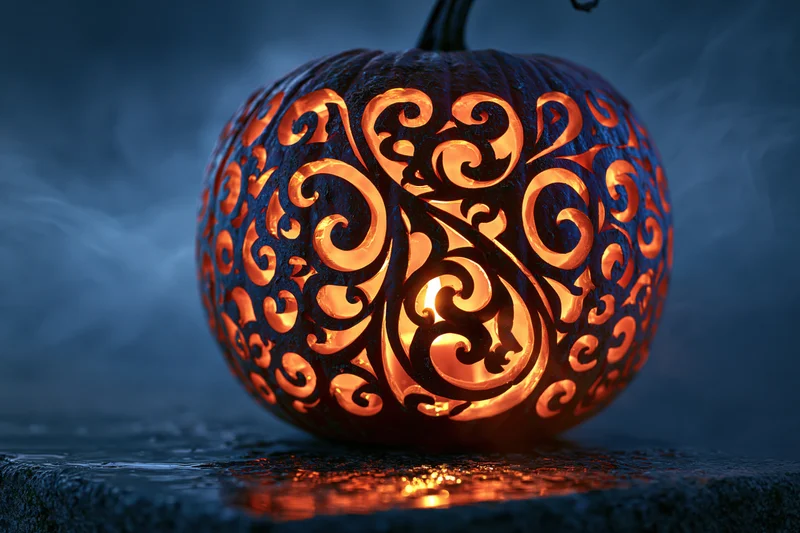 Carved pumpkin with intricate swirling filigree design glowing in the dark on a wet stone surface