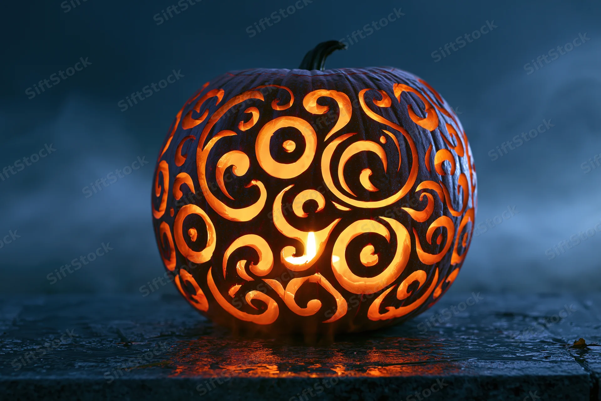 Carved pumpkin with swirling filigree pattern glowing in the dark on a stone surface