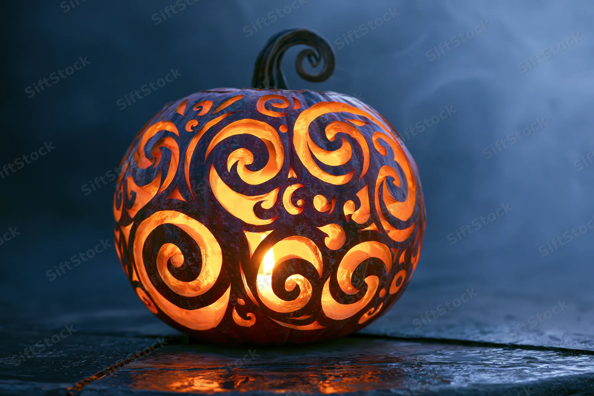 Carved pumpkin with swirling filigree design glowing in the dark on a stone surface