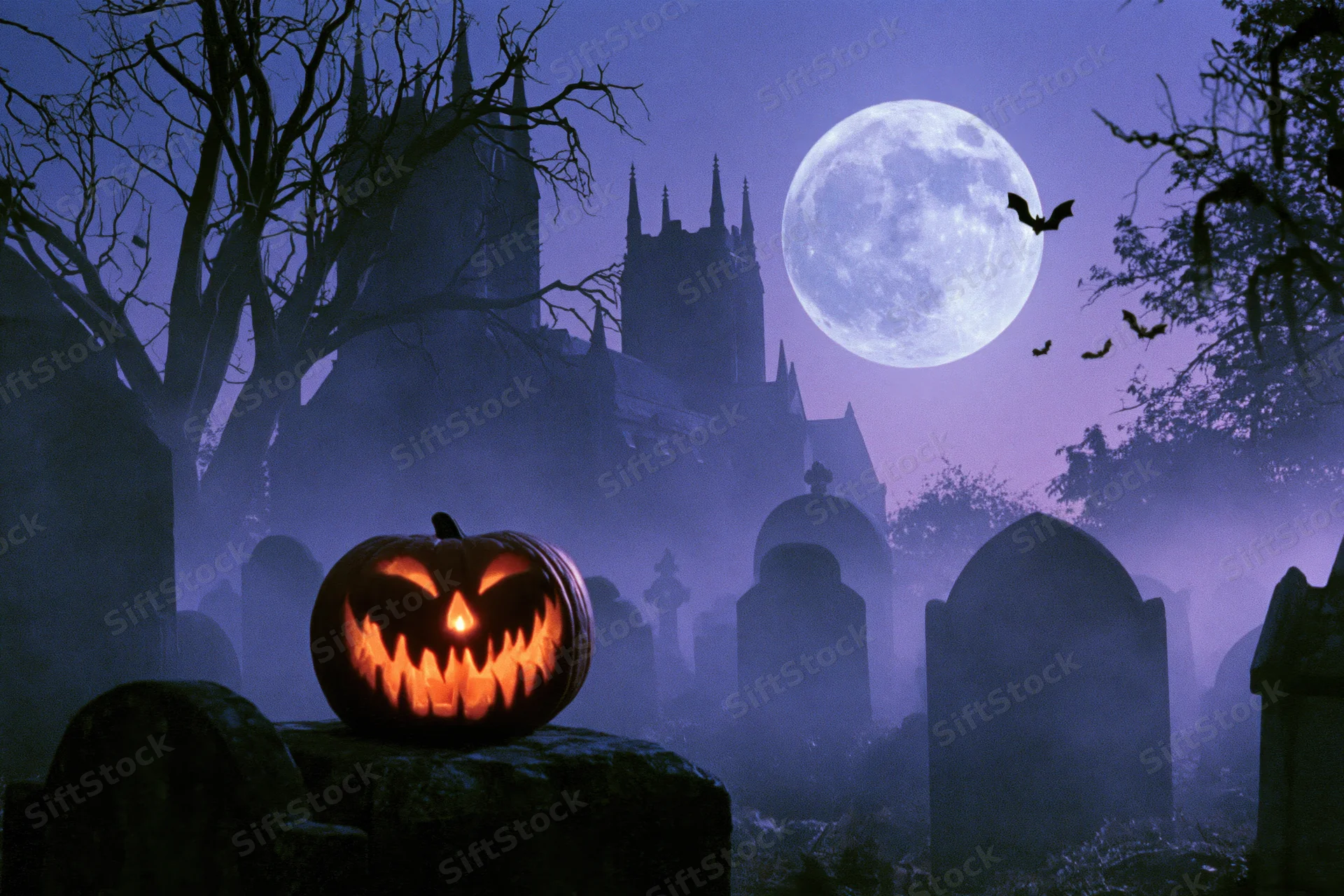 Glowing jack-o-lantern on tombstone in foggy graveyard under full moon with gothic castle and flying bats