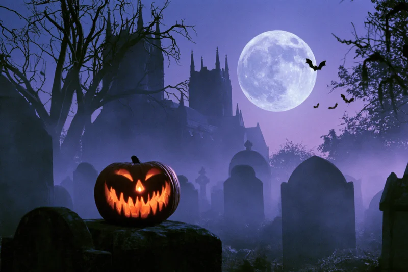 Glowing jack-o-lantern on tombstone in foggy graveyard under full moon with gothic castle and flying bats