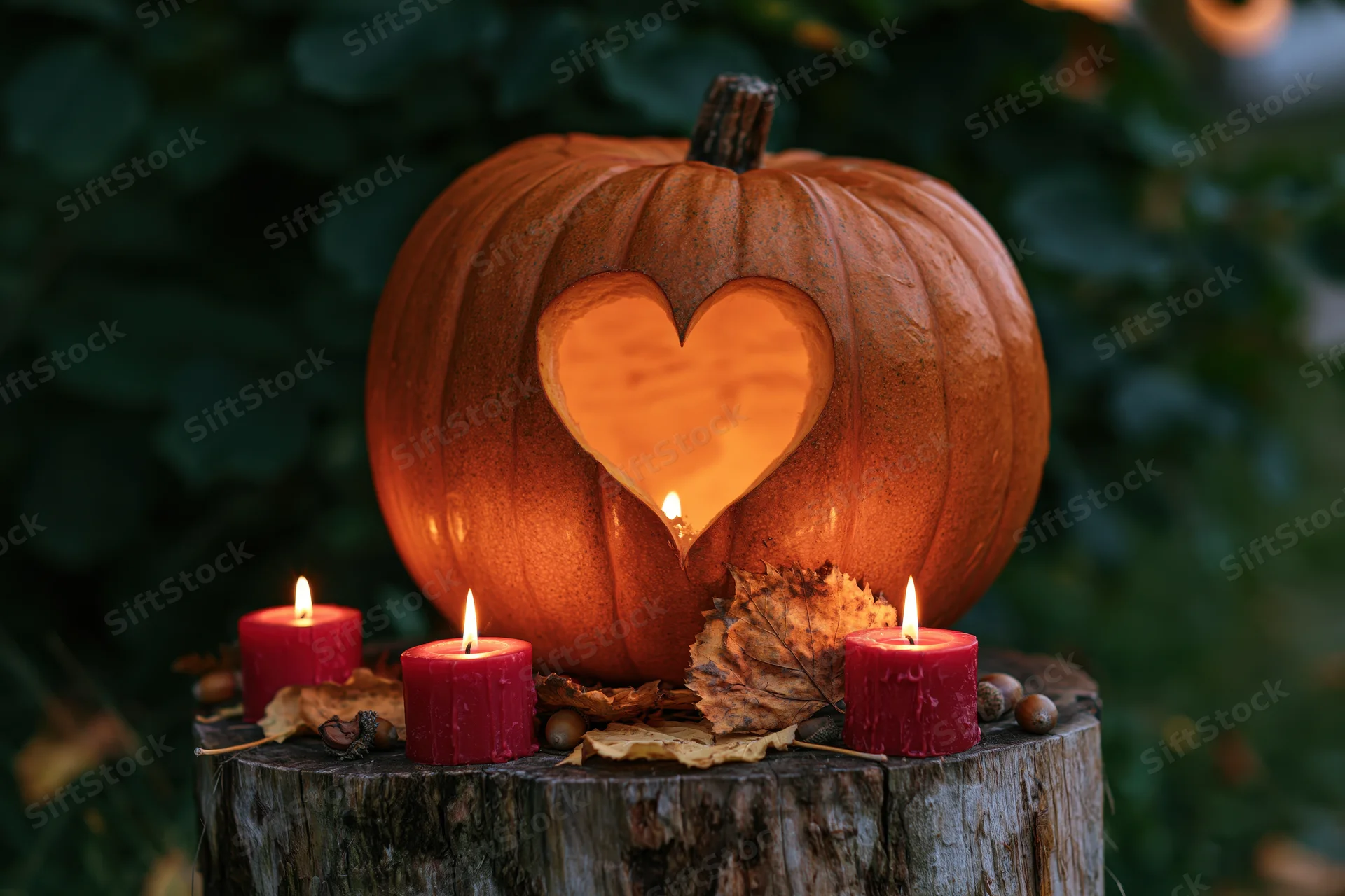 Carved pumpkin with heart cutout glowing on wooden stump surrounded by candles and autumn leaves
