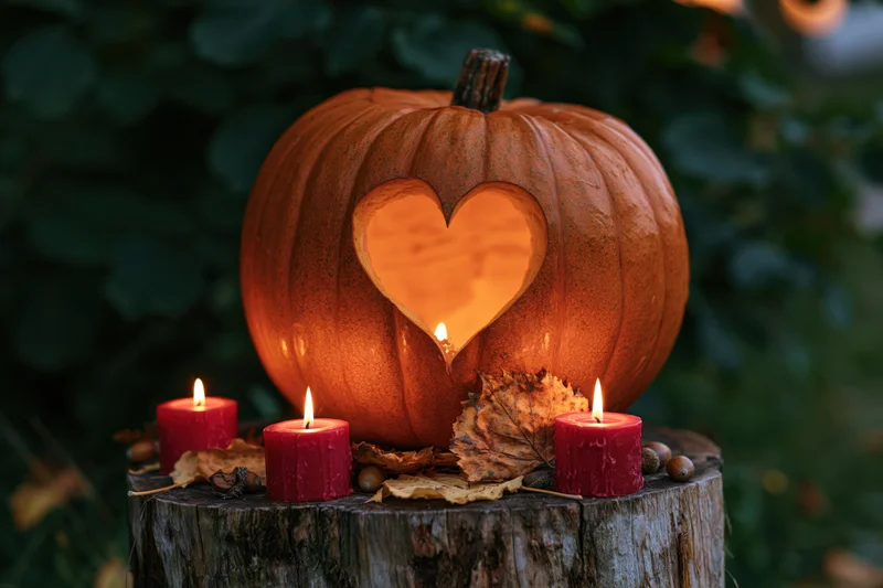 Carved pumpkin with heart cutout glowing on wooden stump surrounded by candles and autumn leaves