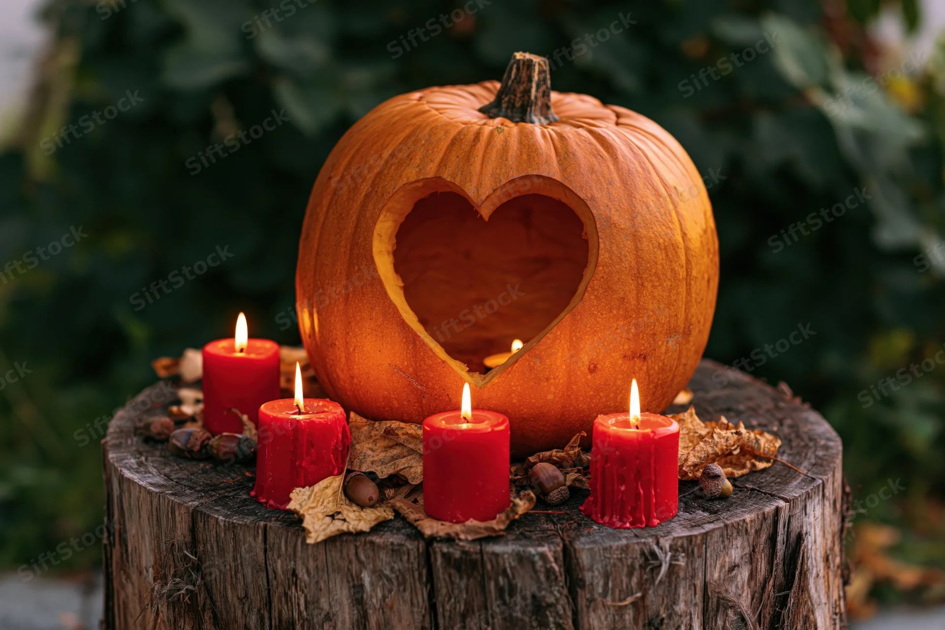 Carved pumpkin with heart cutout surrounded by red candles on a tree stump outdoors