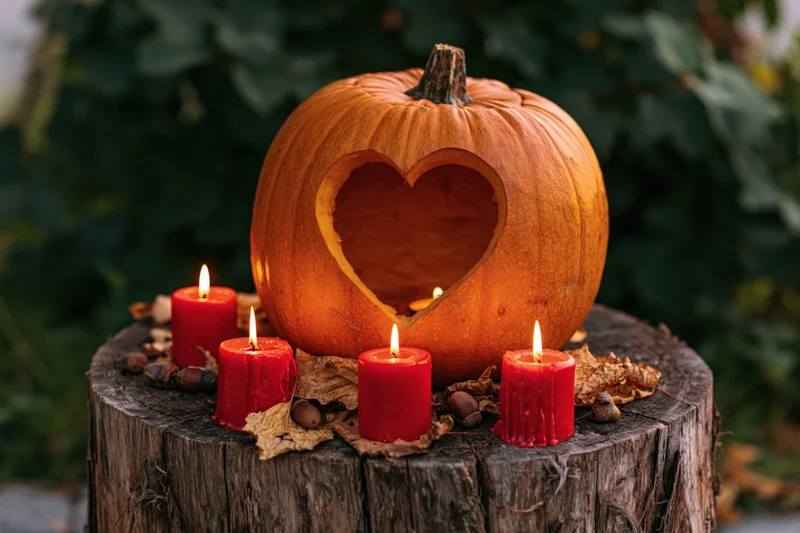 Carved pumpkin with heart cutout surrounded by red candles on a tree stump outdoors