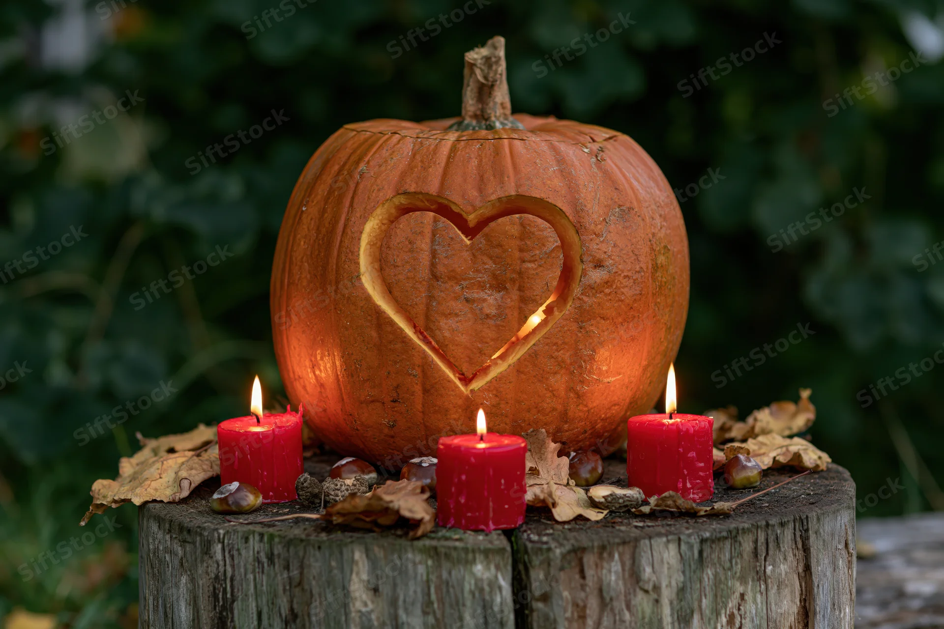 Carved pumpkin with heart shape illuminated by candles on a tree stump surrounded by autumn leaves