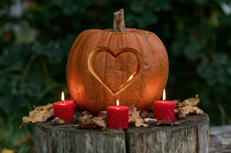 Carved pumpkin with heart shape illuminated by candles on a tree stump surrounded by autumn leaves