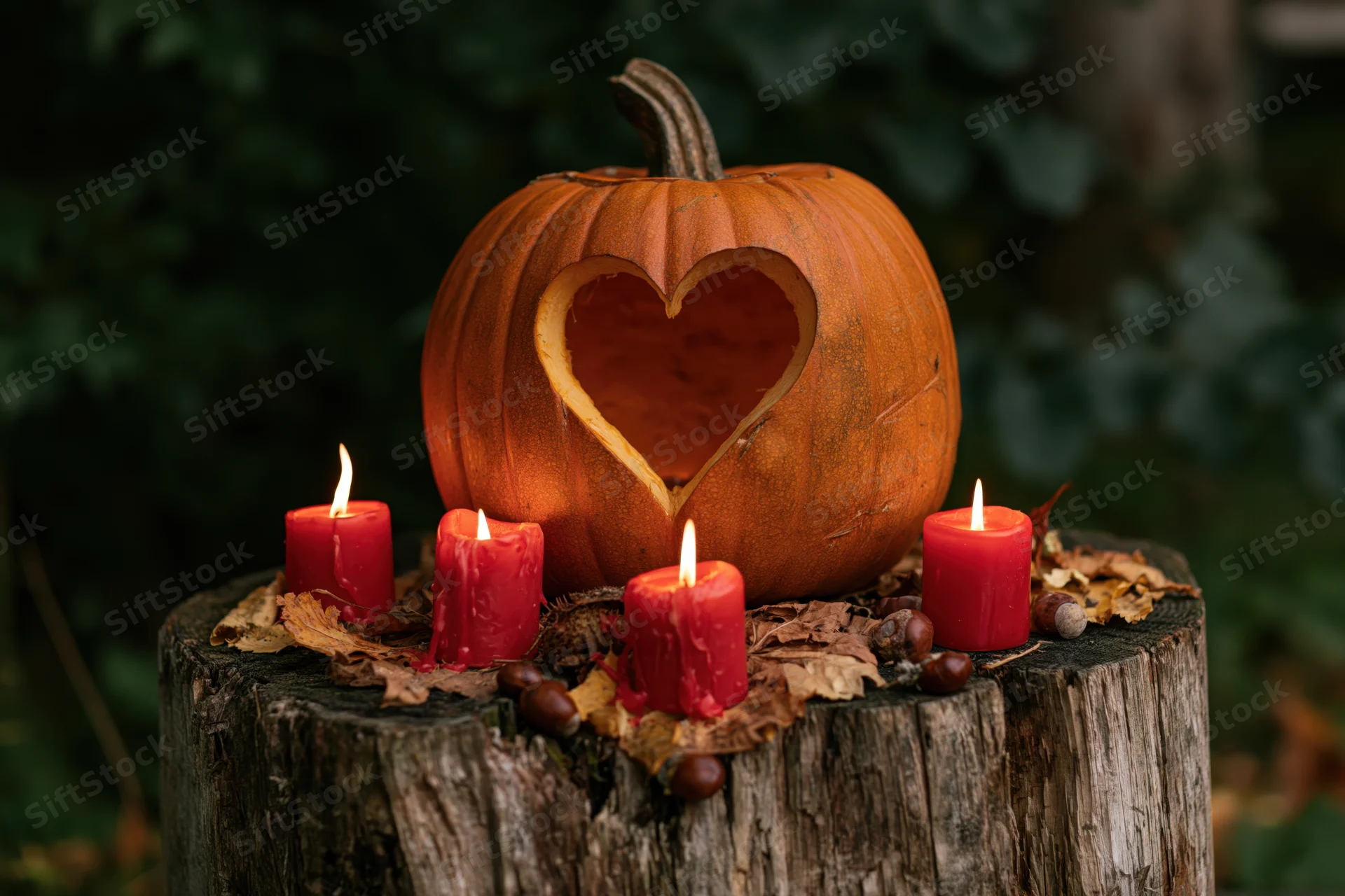 Carved pumpkin with heart cutout on wooden stump surrounded by candles and autumn leaves