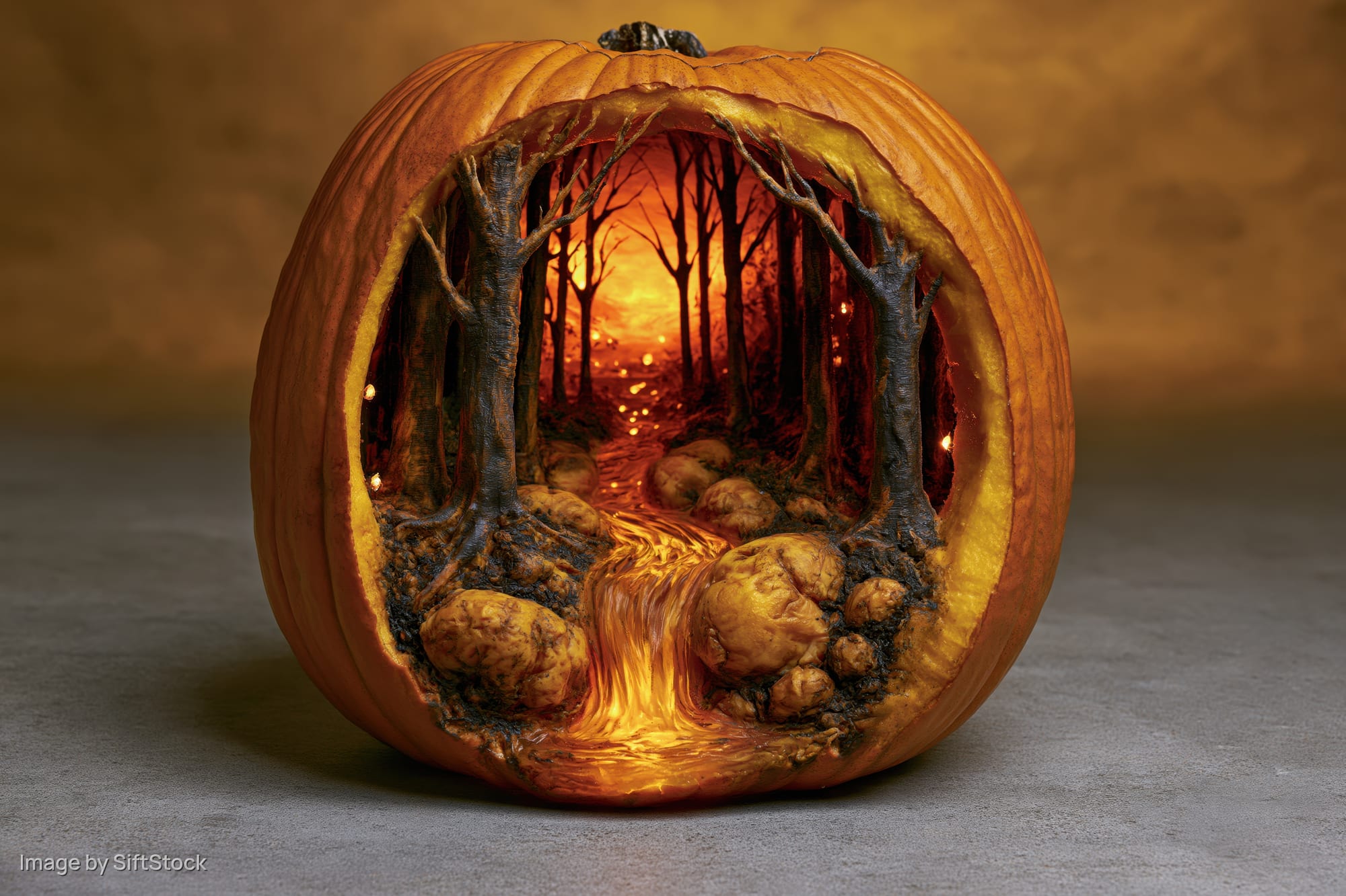 Carved pumpkin with forest scene inside, illuminated by warm light, on grey surface