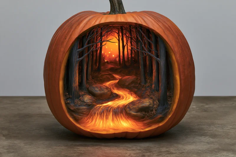 Carved pumpkin with forest scene inside glowing on grey surface