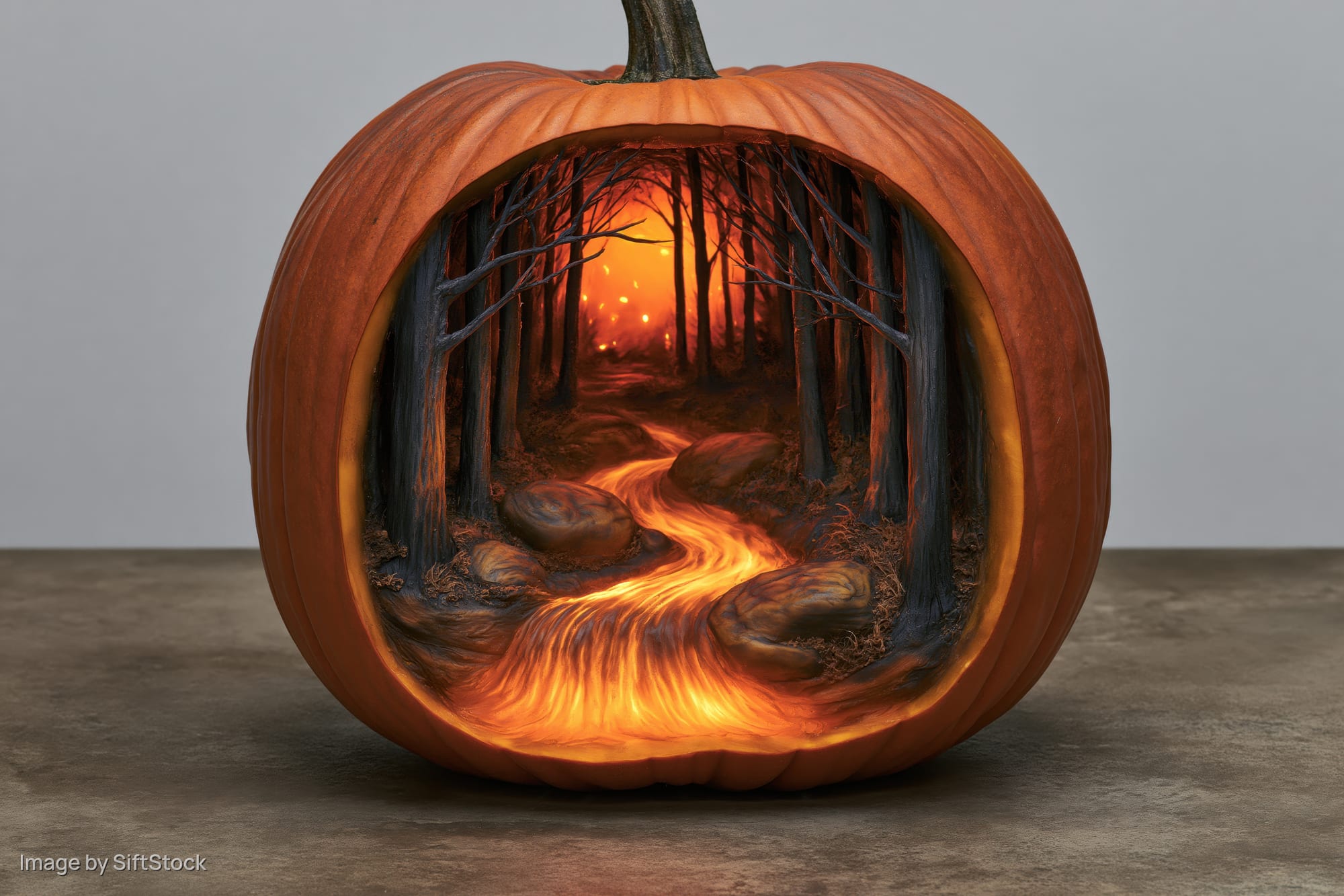 Carved pumpkin with forest scene inside glowing on grey surface